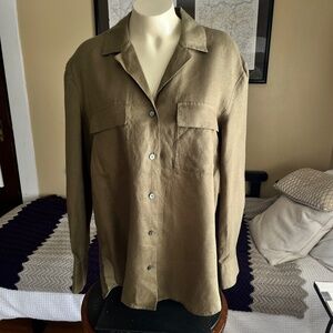 NWT Theory 100% Linen L/S Notch Shirt Burnt Olive Relaxed Fit